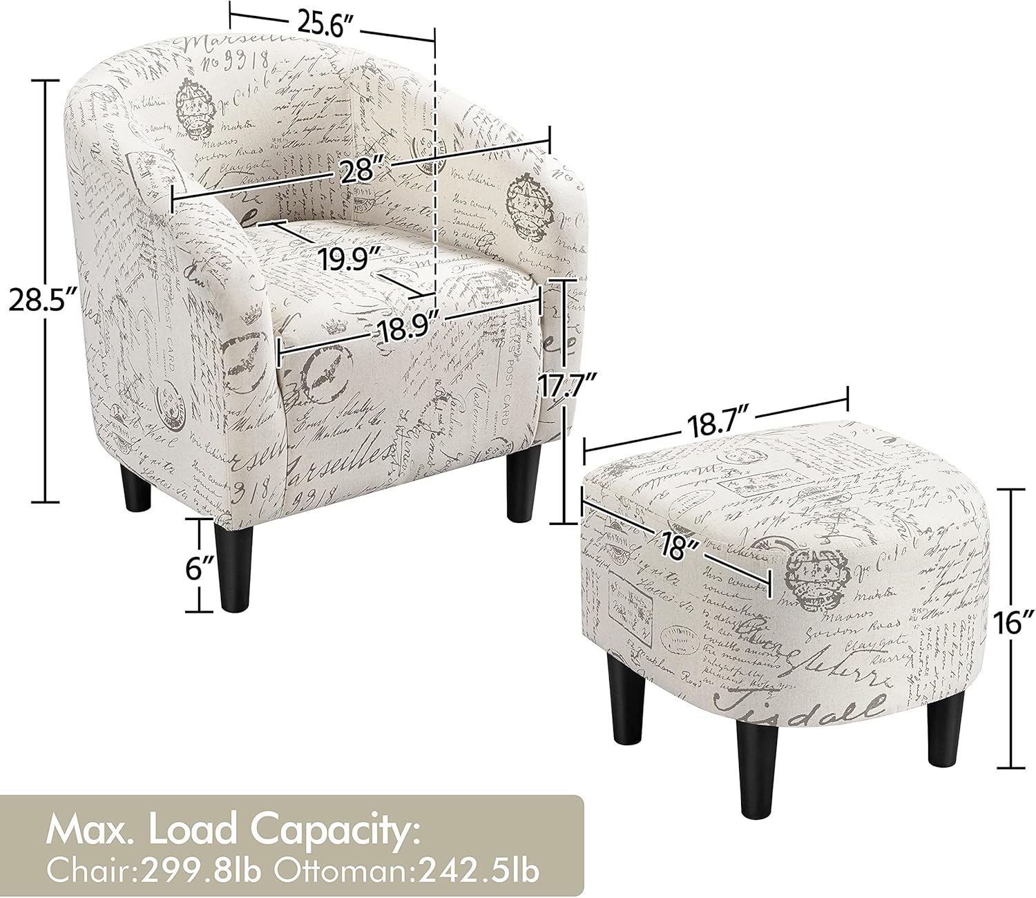Yaheetech Modren Club Chair with Ottoman, Fabric Accent Armchair with Footstool, Upholstered Barrel Chair and Footrest for Living Room Bedroom Guestroom, Letter Print - Grand Goldman