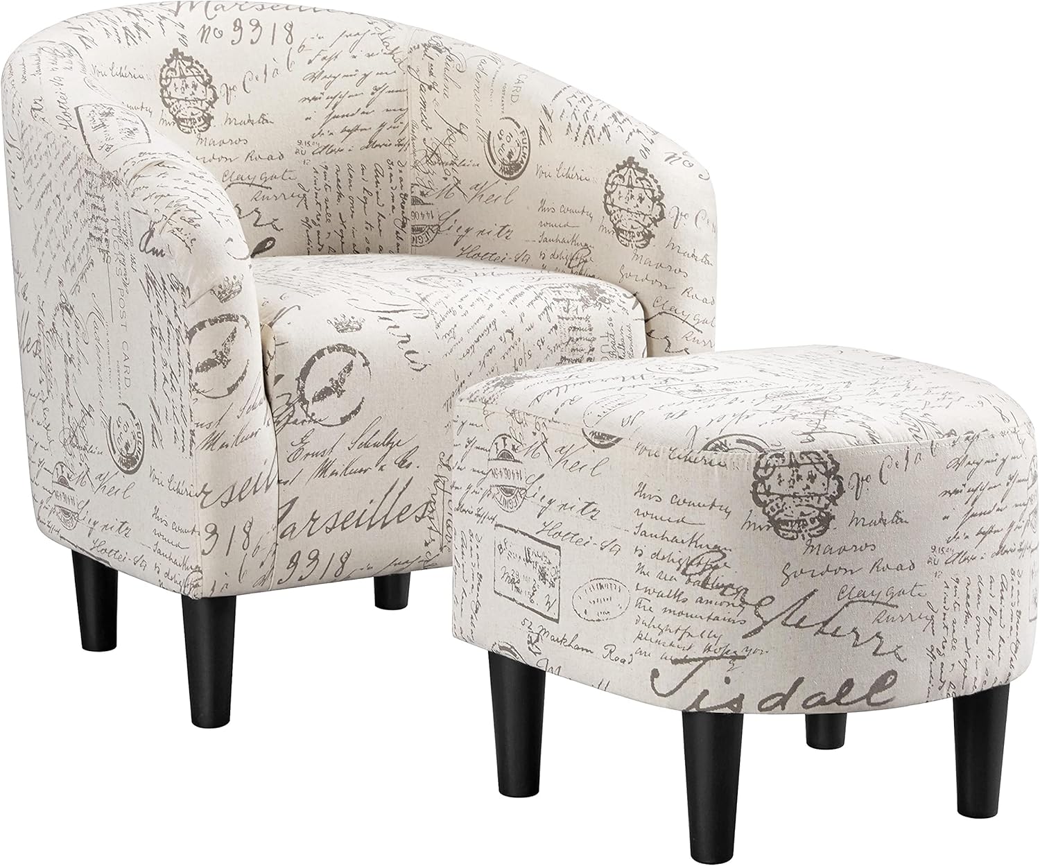 Yaheetech Modren Club Chair with Ottoman, Fabric Accent Armchair with Footstool, Upholstered Barrel Chair and Footrest for Living Room Bedroom Guestroom, Letter Print - Grand Goldman
