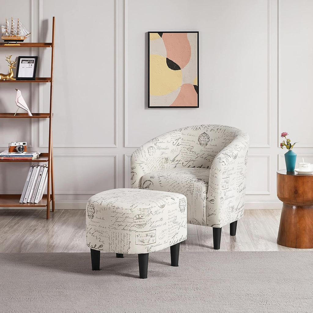 Yaheetech Modren Club Chair with Ottoman, Fabric Accent Armchair with Footstool, Upholstered Barrel Chair and Footrest for Living Room Bedroom Guestroom, Letter Print - Grand Goldman