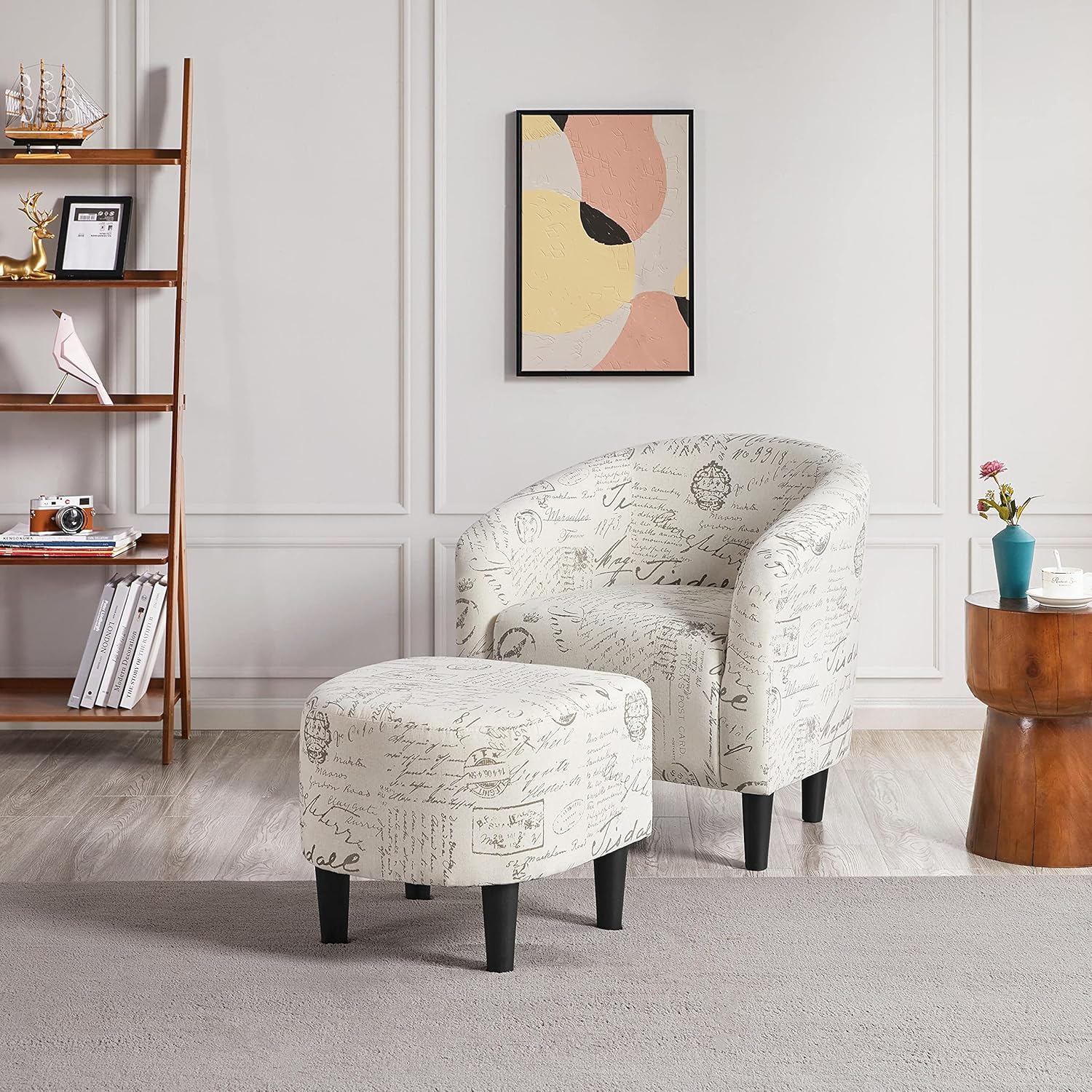 Yaheetech Modren Club Chair with Ottoman, Fabric Accent Armchair with Footstool, Upholstered Barrel Chair and Footrest for Living Room Bedroom Guestroom, Letter Print - Grand Goldman