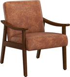 Yaheetech PU Leather Accent Chair, Mid-Century Modern Armchair with Solid Wood Legs, Reading Leisure Chair with High Back for Living Room Bedroom Waiting Room, Brown - Grand Goldman