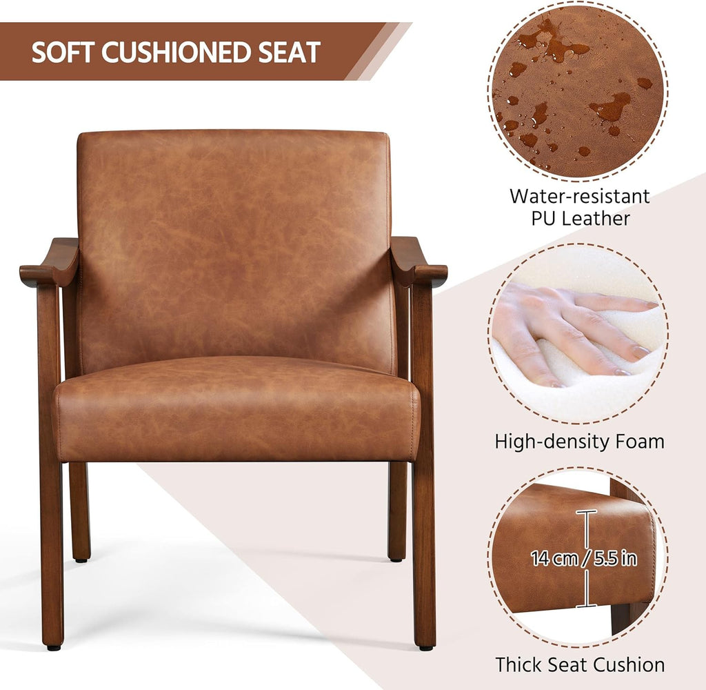 Yaheetech PU Leather Accent Chair, Mid-Century Modern Armchair with Solid Wood Legs, Reading Leisure Chair with High Back for Living Room Bedroom Waiting Room, Brown - Grand Goldman