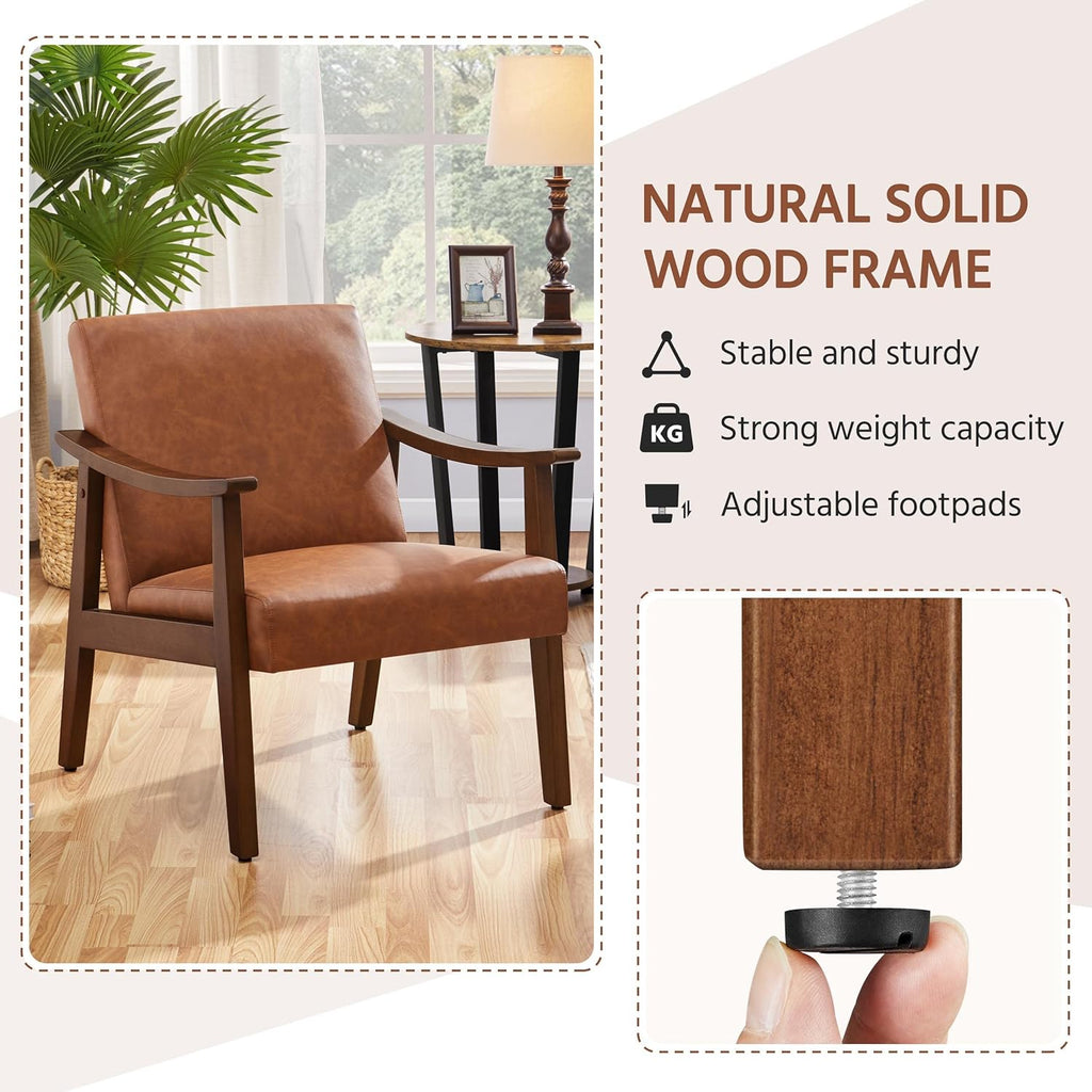 Yaheetech PU Leather Accent Chair, Mid-Century Modern Armchair with Solid Wood Legs, Reading Leisure Chair with High Back for Living Room Bedroom Waiting Room, Brown - Grand Goldman