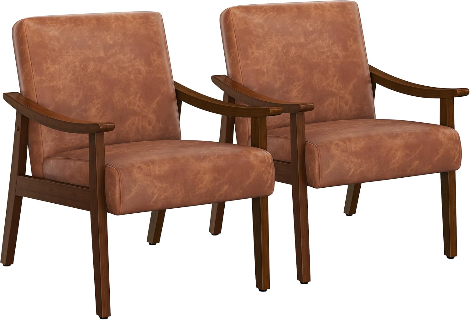 Yaheetech PU Leather Accent Chair, Mid-Century Modern Armchair with Solid Wood Legs, Reading Leisure Chair with High Back for Living Room Bedroom Waiting Room, Set of 2, Brown - Grand Goldman