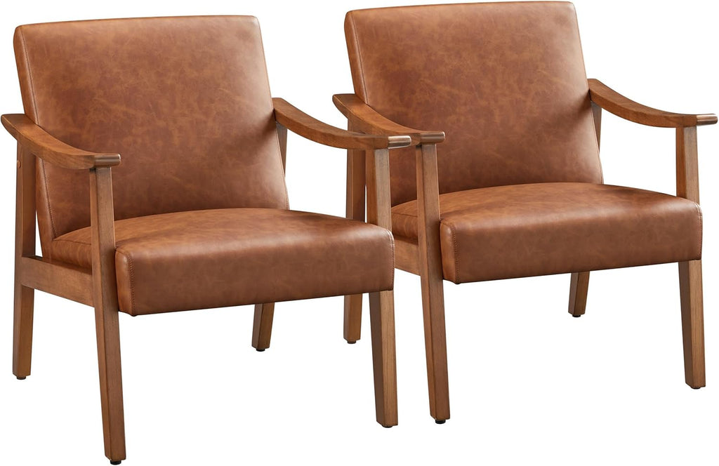 Yaheetech PU Leather Accent Chair, Mid-Century Modern Armchair with Solid Wood Legs, Reading Leisure Chair with High Back for Living Room Bedroom Waiting Room, Set of 2, Brown - Grand Goldman