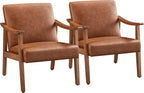Yaheetech PU Leather Accent Chair, Mid-Century Modern Armchair with Solid Wood Legs, Reading Leisure Chair with High Back for Living Room Bedroom Waiting Room, Set of 2, Brown - Grand Goldman