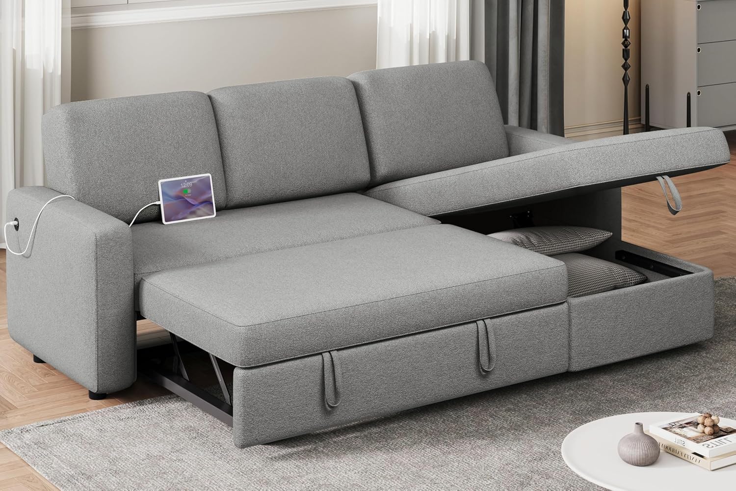 Yaheetech Sectional Sofa L-Shaped Sofa Couch Bed w/Chaise & USB, Reversible Couch Sleeper w/Pull Out Bed & Storage Space, 4-seat Fabric Convertible Sofa, Pull Out Couch for Living Room Dark Gray - Grand Goldman