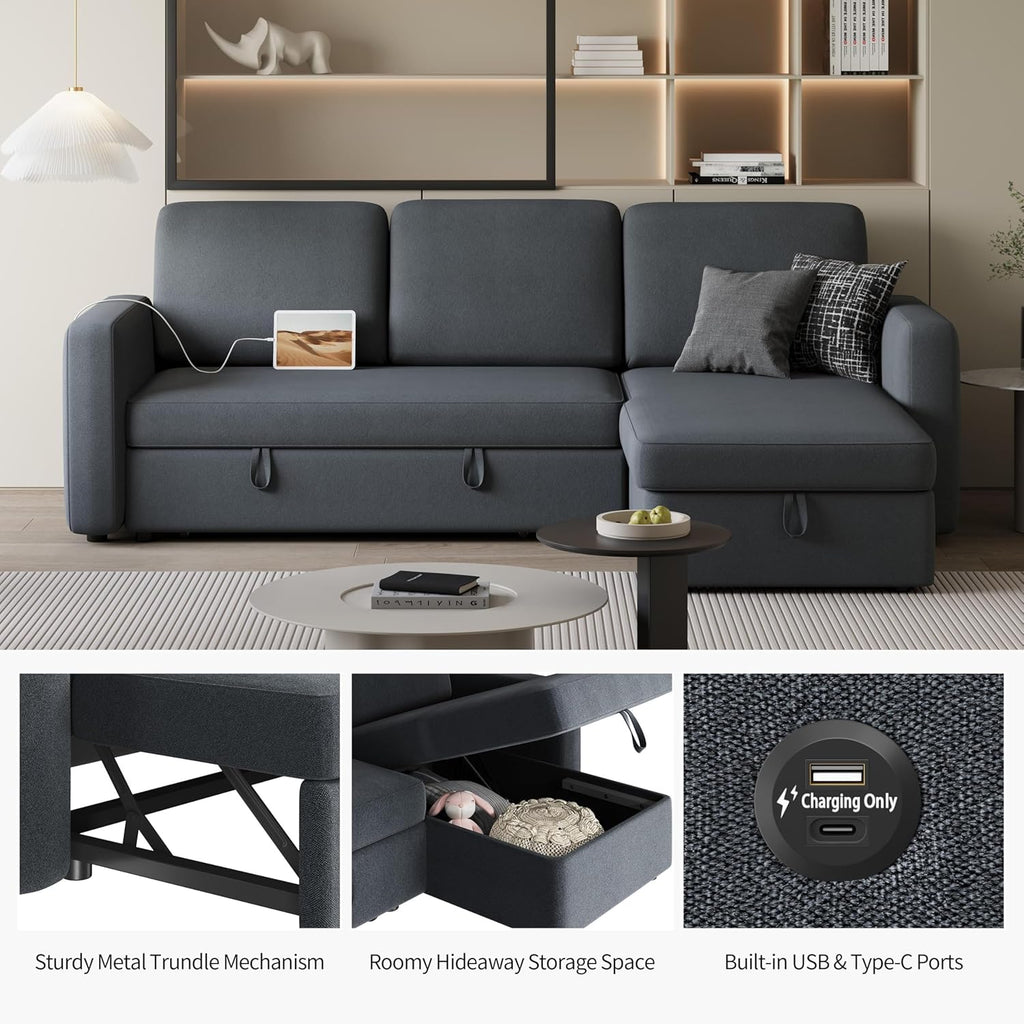 Yaheetech Sectional Sofa L-Shaped Sofa Couch Bed w/Chaise & USB, Reversible Couch Sleeper w/Pull Out Bed & Storage Space, 4-seat Fabric Convertible Sofa, Pull Out Couch for Living Room Dark Gray - Grand Goldman