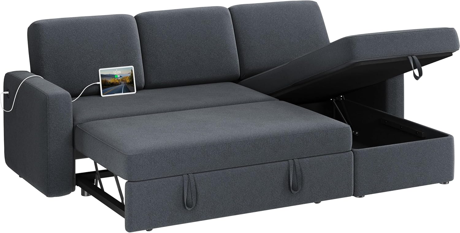 Yaheetech Sectional Sofa L-Shaped Sofa Couch Bed w/Chaise & USB, Reversible Couch Sleeper w/Pull Out Bed & Storage Space, 4-seat Fabric Convertible Sofa, Pull Out Couch for Living Room Dark Gray - Grand Goldman