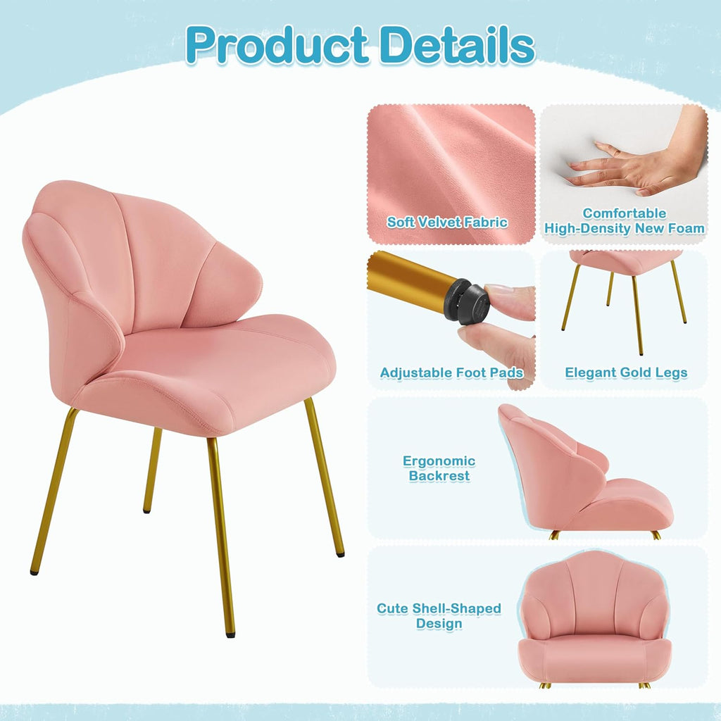 Yaheetech Velvet Accent Chair, Cute Vanity Chair with Shell-Shaped Backrest, Modern Armchair Side Chair with Golden Legs for Living Room/Bedroom/Home Office/Makeup, Pink - Grand Goldman