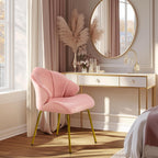 Yaheetech Velvet Accent Chair, Cute Vanity Chair with Shell-Shaped Backrest, Modern Armchair Side Chair with Golden Legs for Living Room/Bedroom/Home Office/Makeup, Pink - Grand Goldman