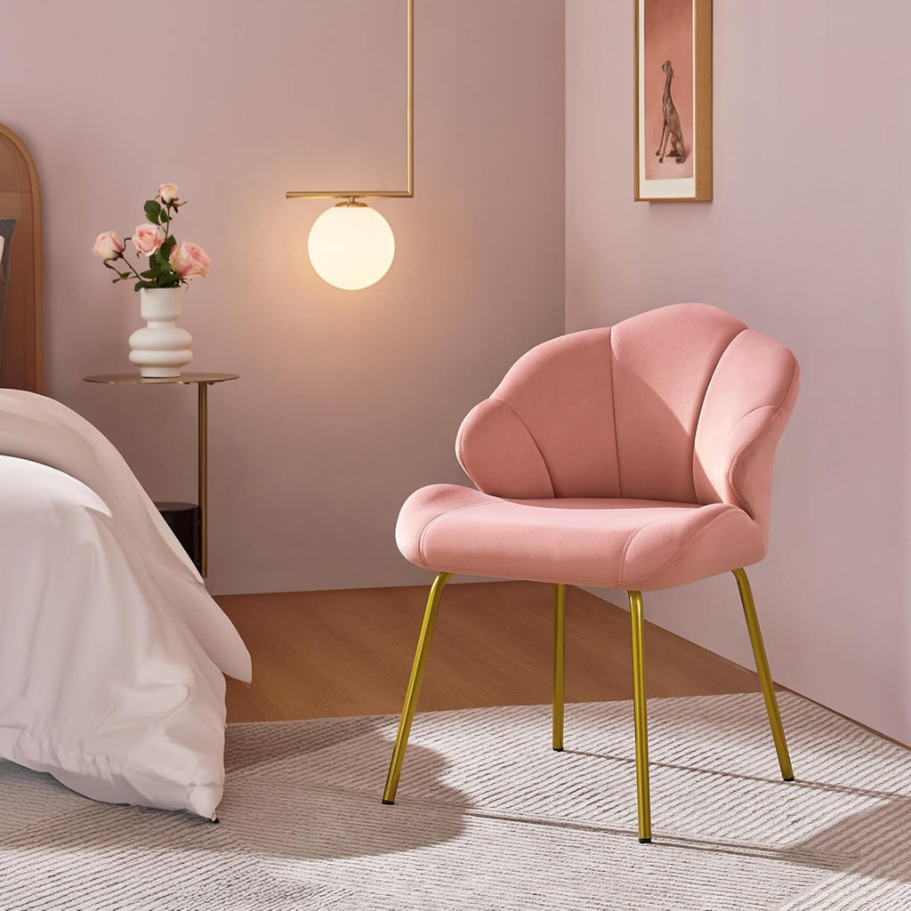Yaheetech Velvet Accent Chair, Cute Vanity Chair with Shell-Shaped Backrest, Modern Armchair Side Chair with Golden Legs for Living Room/Bedroom/Home Office/Makeup, Pink - Grand Goldman