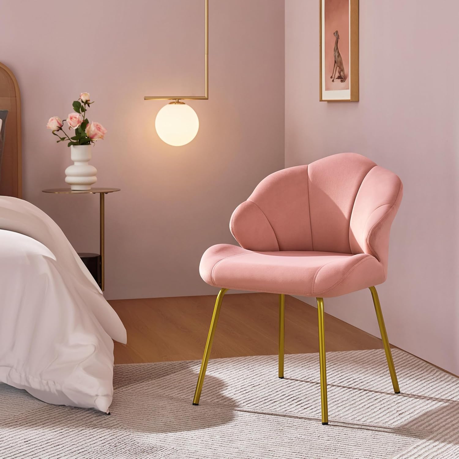Yaheetech Velvet Accent Chair, Cute Vanity Chair with Shell-Shaped Backrest, Modern Armchair Side Chair with Golden Legs for Living Room/Bedroom/Home Office/Makeup, Pink - Grand Goldman
