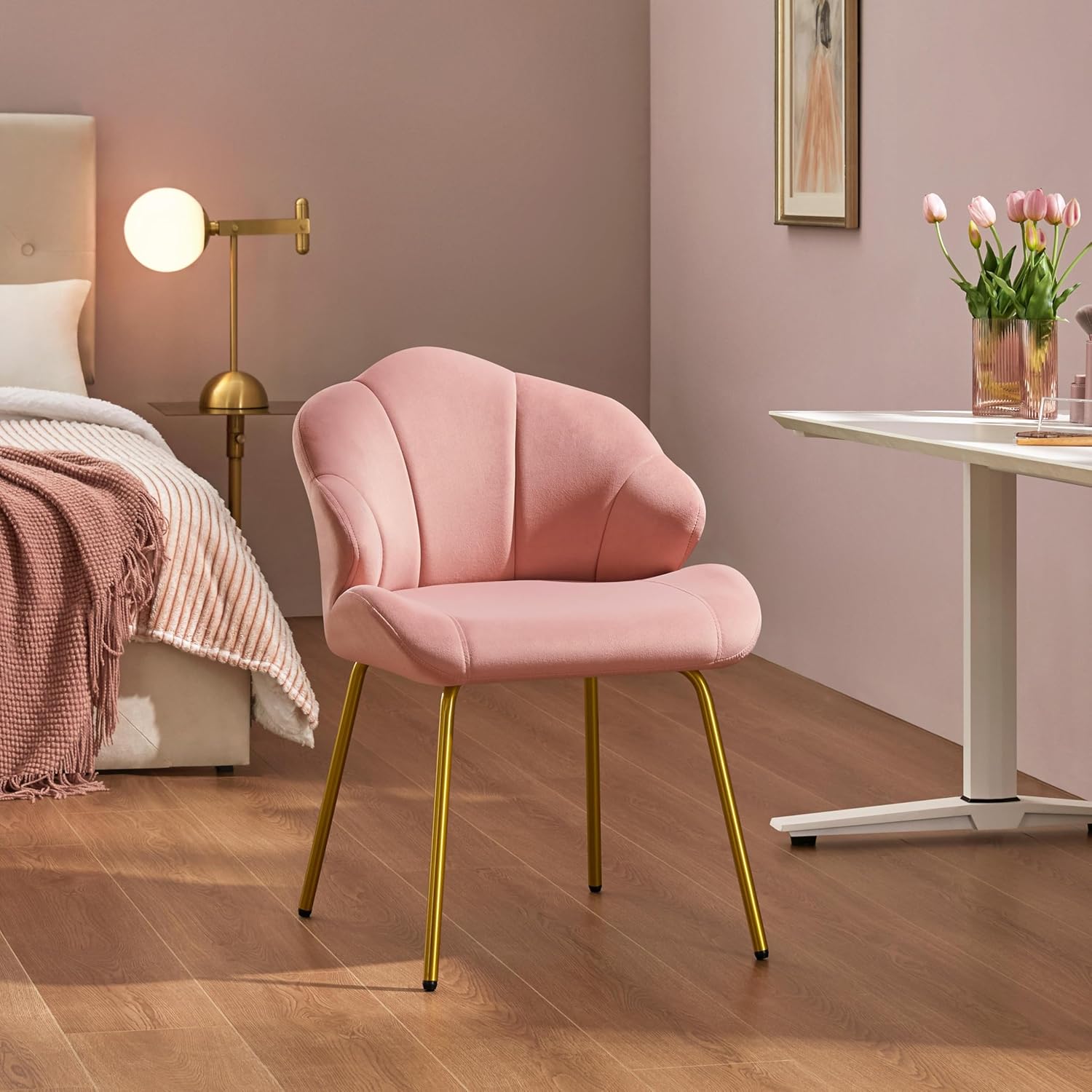 Yaheetech Velvet Accent Chair, Cute Vanity Chair with Shell-Shaped Backrest, Modern Armchair Side Chair with Golden Legs for Living Room/Bedroom/Home Office/Makeup, Pink - Grand Goldman