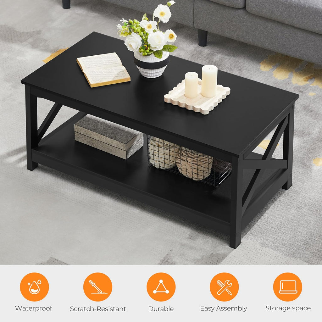 Yaheetech Wood 2-Tier Black Coffee Table with Storage Shelf for Living Room, X Design Accent Cocktail Table, Easy Assembly Home Furniture, 39.5 x 21.5 x 18 Inches - Grand Goldman