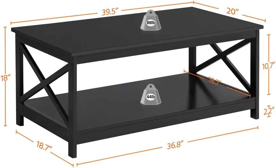 Yaheetech Wood 2-Tier Black Coffee Table with Storage Shelf for Living Room, X Design Accent Cocktail Table, Easy Assembly Home Furniture, 39.5 x 21.5 x 18 Inches - Grand Goldman