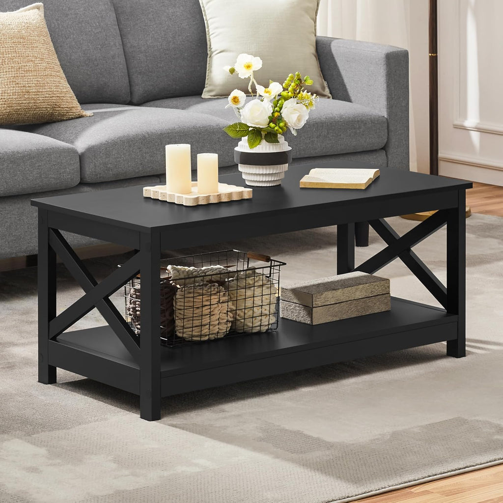 Yaheetech Wood 2-Tier Black Coffee Table with Storage Shelf for Living Room, X Design Accent Cocktail Table, Easy Assembly Home Furniture, 39.5 x 21.5 x 18 Inches - Grand Goldman