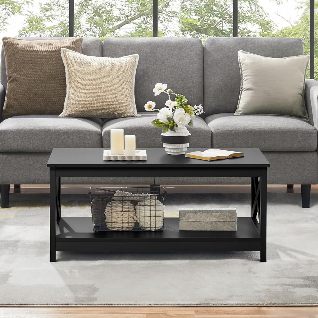 Yaheetech Wood 2-Tier Black Coffee Table with Storage Shelf for Living Room, X Design Accent Cocktail Table, Easy Assembly Home Furniture, 39.5 x 21.5 x 18 Inches - Grand Goldman