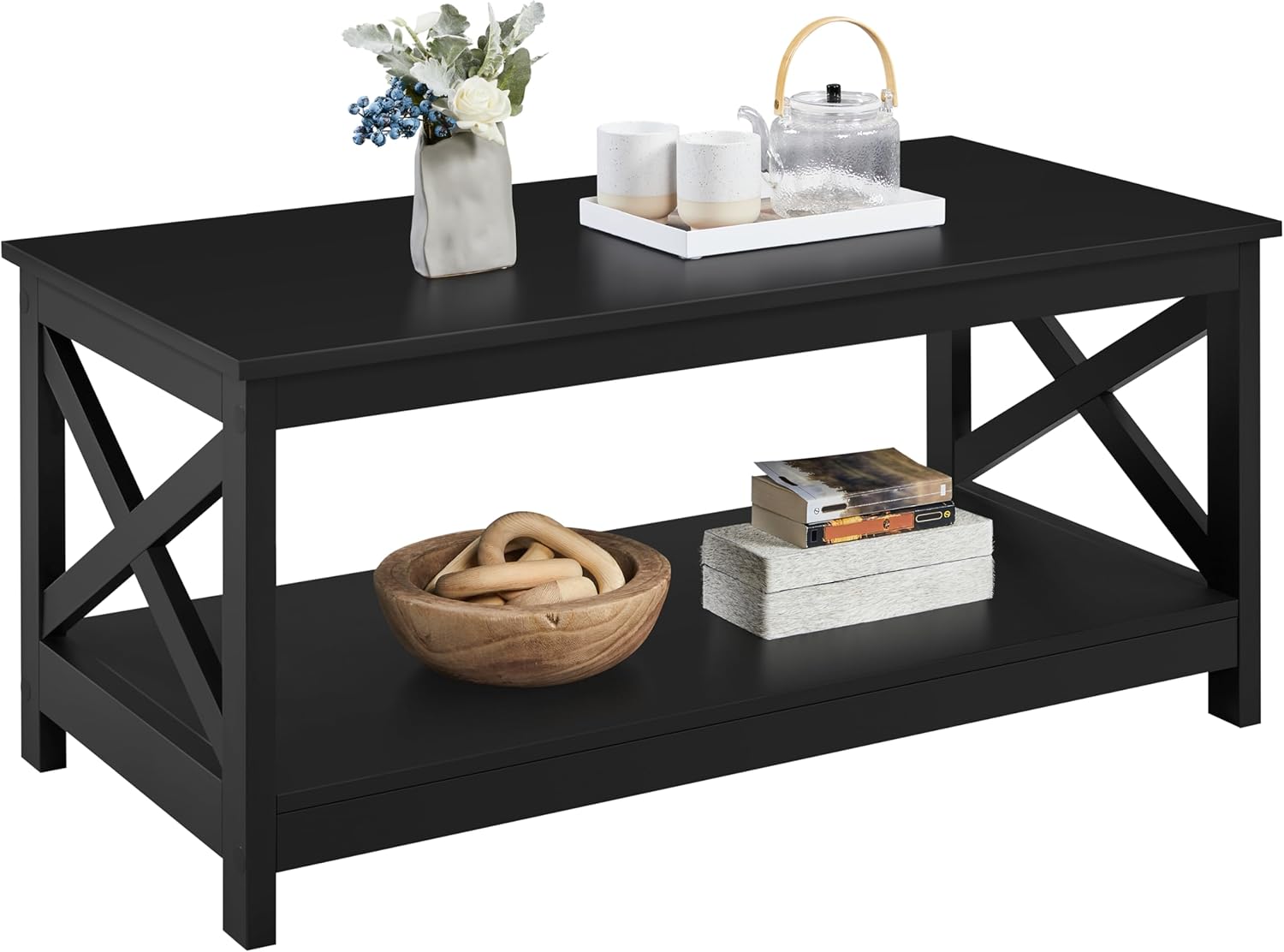 Yaheetech Wood 2-Tier Black Coffee Table with Storage Shelf for Living Room, X Design Accent Cocktail Table, Easy Assembly Home Furniture, 39.5 x 21.5 x 18 Inches - Grand Goldman
