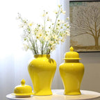 Yellow Ceramic General Jar Chinese Decorative Ginger Jar Vase Flower Arrangement with Lid Storage Tank Home Decoration - Grand Goldman