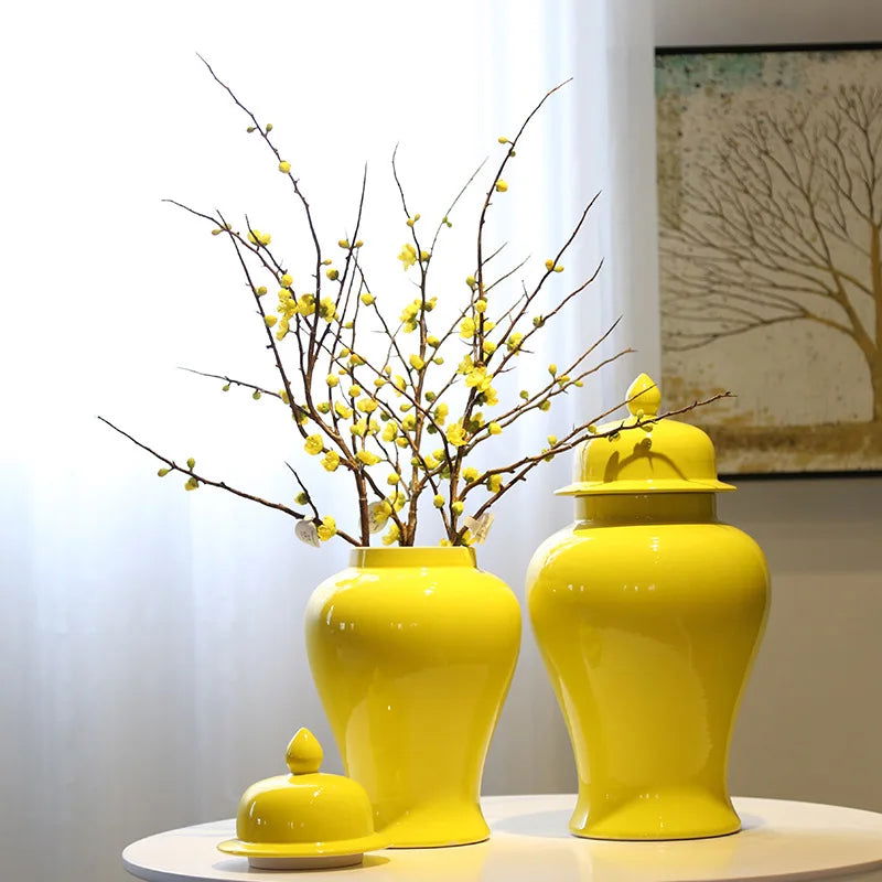 Yellow Ceramic General Jar Chinese Decorative Ginger Jar Vase Flower Arrangement with Lid Storage Tank Home Decoration - Grand Goldman