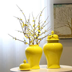 Yellow Ceramic General Jar Chinese Decorative Ginger Jar Vase Flower Arrangement with Lid Storage Tank Home Decoration - Grand Goldman