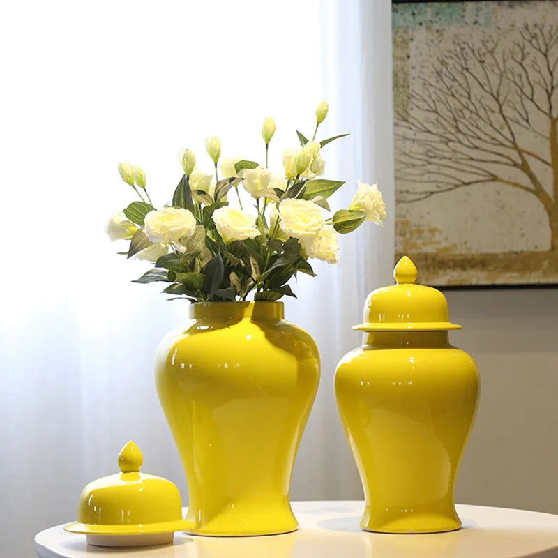 Yellow Ceramic General Jar Chinese Decorative Ginger Jar Vase Flower Arrangement with Lid Storage Tank Home Decoration - Grand Goldman