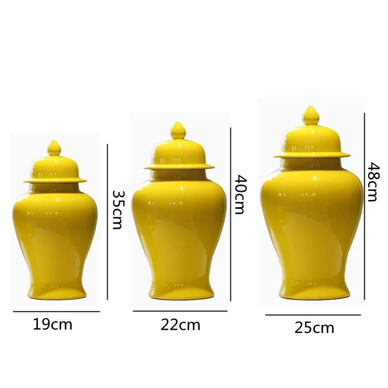 Yellow Ceramic General Jar Chinese Decorative Ginger Jar Vase Flower Arrangement with Lid Storage Tank Home Decoration - Grand Goldman