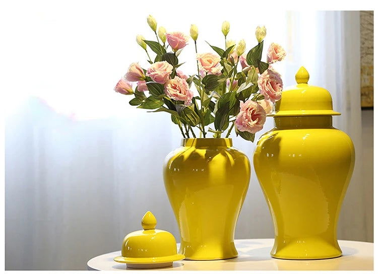 Yellow Ceramic General Jar Chinese Decorative Ginger Jar Vase Flower Arrangement with Lid Storage Tank Home Decoration - Grand Goldman