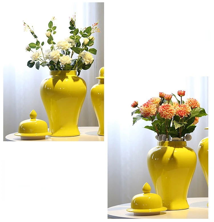 Yellow Ceramic General Jar Chinese Decorative Ginger Jar Vase Flower Arrangement with Lid Storage Tank Home Decoration - Grand Goldman