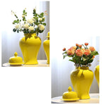 Yellow Ceramic General Jar Chinese Decorative Ginger Jar Vase Flower Arrangement with Lid Storage Tank Home Decoration - Grand Goldman