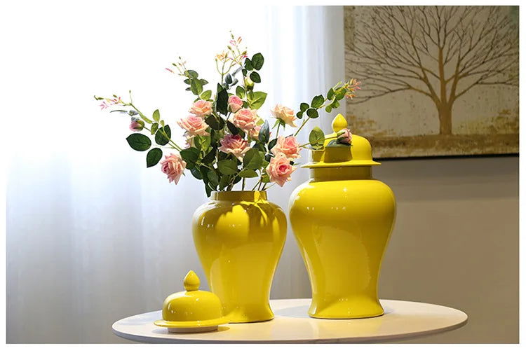 Yellow Ceramic General Jar Chinese Decorative Ginger Jar Vase Flower Arrangement with Lid Storage Tank Home Decoration - Grand Goldman