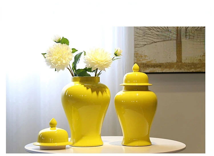 Yellow Ceramic General Jar Chinese Decorative Ginger Jar Vase Flower Arrangement with Lid Storage Tank Home Decoration - Grand Goldman