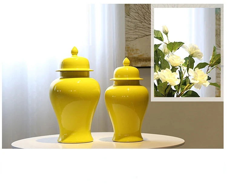 Yellow Ceramic General Jar Chinese Decorative Ginger Jar Vase Flower Arrangement with Lid Storage Tank Home Decoration - Grand Goldman