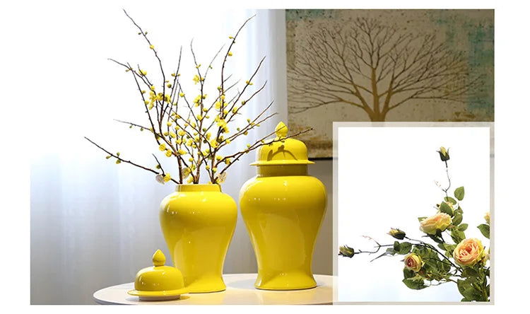 Yellow Ceramic General Jar Chinese Decorative Ginger Jar Vase Flower Arrangement with Lid Storage Tank Home Decoration - Grand Goldman
