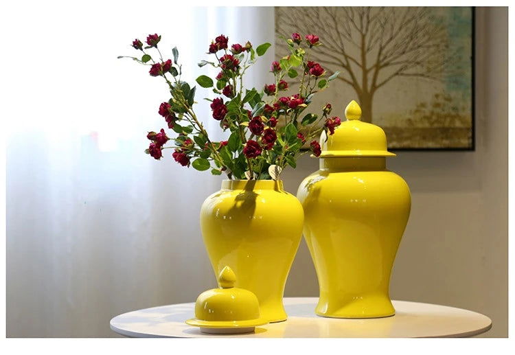 Yellow Ceramic General Jar Chinese Decorative Ginger Jar Vase Flower Arrangement with Lid Storage Tank Home Decoration - Grand Goldman