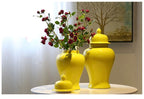 Yellow Ceramic General Jar Chinese Decorative Ginger Jar Vase Flower Arrangement with Lid Storage Tank Home Decoration - Grand Goldman