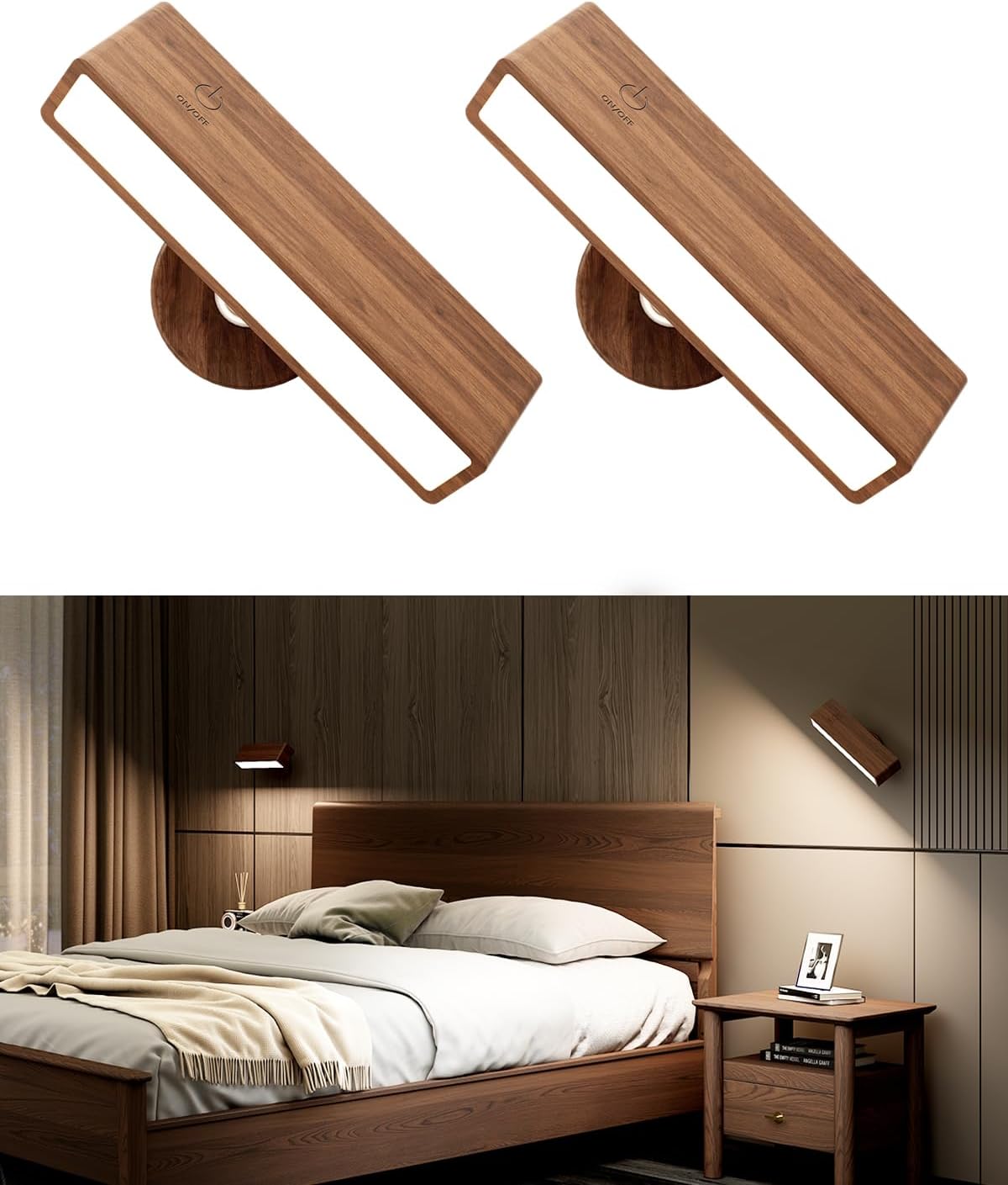 YiLaie Wall Sconces Battery Operated Set of Two,Rechargeable Wall Lights for Bedroom,Wall Lights Wireless Dimmable,Wood Wall Sconces with 360 Rotation,Peel and Stick Wall Sconces for Bedroom Bedside - Grand Goldman