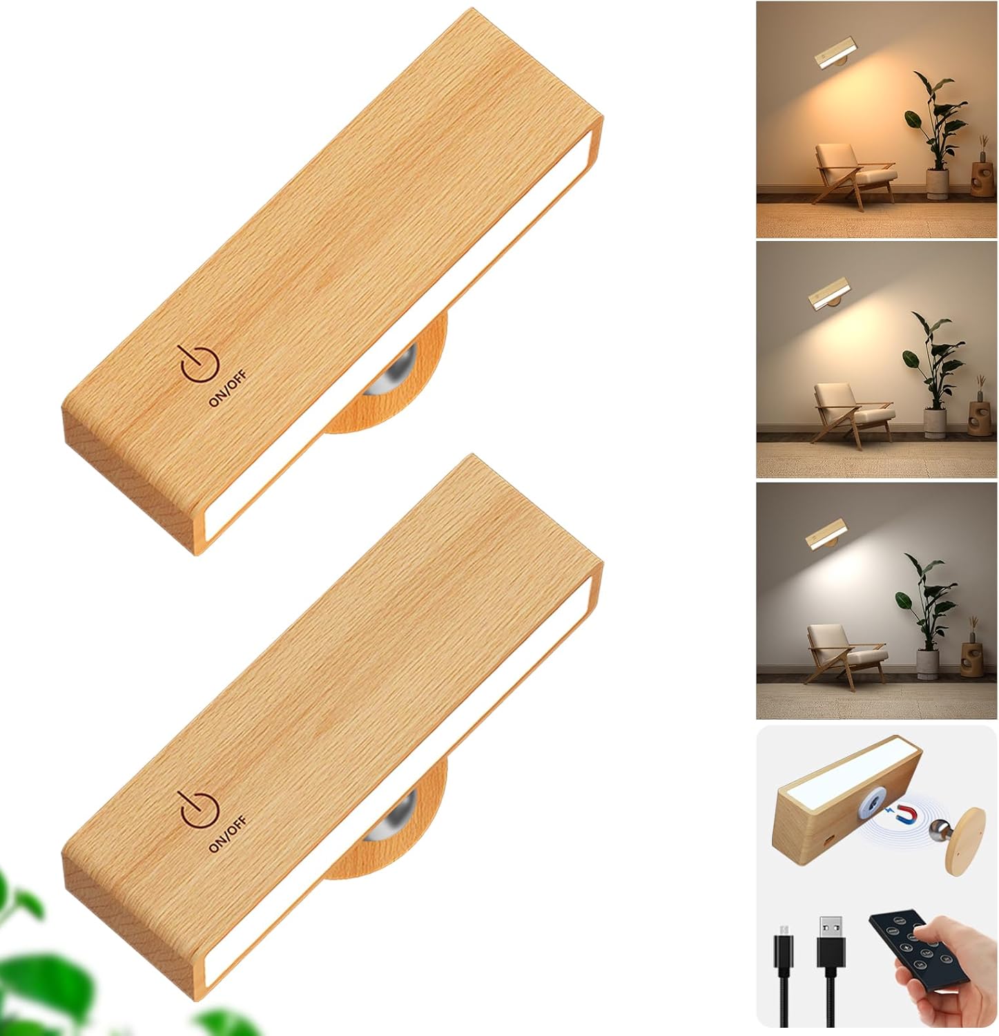 YiLaie Wall Sconces Set of 2,Battery Operated Wall Sconce with Remote,Wall Lights for Bedroom Wireless, Rotatable Cordless Wall Lamp with 3 Color Temperature for Bedroom,Living Room,Bedside Reading - Grand Goldman