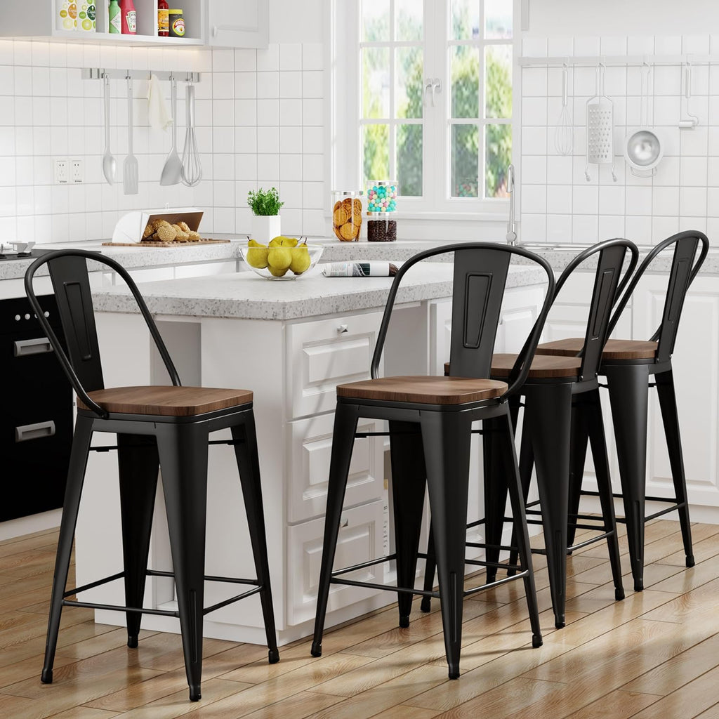 Yongqiang Barstools Set of 4 Counter Height Bar Stools for Kitchen Island Farmhouse Metal High Back Bar Chairs Wooden Seat 24" Matte Black - Grand Goldman
