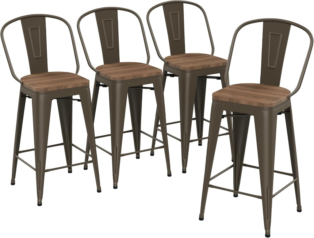 Yongqiang Barstools Set of 4 Counter Height Bar Stools for Kitchen Island Farmhouse Metal High Back Bar Chairs Wooden Seat 24" Matte Black - Grand Goldman