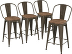 Yongqiang Barstools Set of 4 Counter Height Bar Stools for Kitchen Island Farmhouse Metal High Back Bar Chairs Wooden Seat 24" Matte Black - Grand Goldman