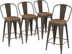 Yongqiang Barstools Set of 4 Counter Height Bar Stools for Kitchen Island Farmhouse Metal High Back Bar Chairs Wooden Seat 24" Matte Black - Grand Goldman