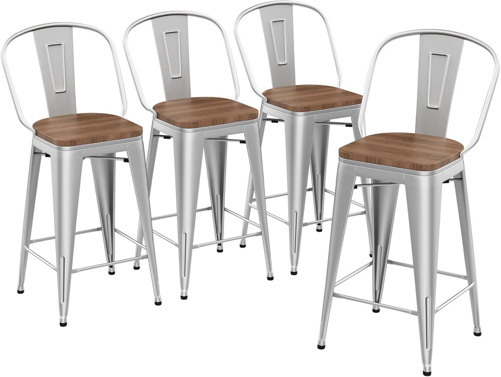 Yongqiang Barstools Set of 4 Counter Height Bar Stools for Kitchen Island Farmhouse Metal High Back Bar Chairs Wooden Seat 24" Matte Black - Grand Goldman