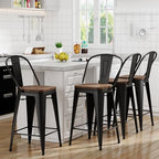 Yongqiang Barstools Set of 4 Counter Height Bar Stools for Kitchen Island Farmhouse Metal High Back Bar Chairs Wooden Seat 24" Matte Black - Grand Goldman