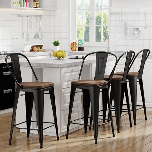 Yongqiang Barstools Set of 4 Counter Height Bar Stools for Kitchen Island Farmhouse Metal High Back Bar Chairs Wooden Seat 24" Matte Black - Grand Goldman