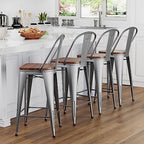 Yongqiang Barstools Set of 4 Counter Height Bar Stools for Kitchen Island Farmhouse Metal High Back Bar Chairs Wooden Seat 24" Matte Black - Grand Goldman