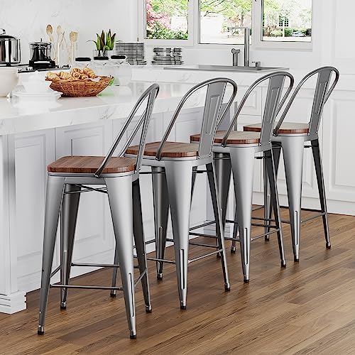 Yongqiang Barstools Set of 4 Counter Height Bar Stools for Kitchen Island Farmhouse Metal High Back Bar Chairs Wooden Seat 24" Matte Black - Grand Goldman