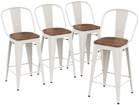 Yongqiang Barstools Set of 4 Counter Height Bar Stools for Kitchen Island Farmhouse Metal High Back Bar Chairs Wooden Seat 24" Matte Black - Grand Goldman