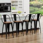 Yongqiang Barstools Set of 4 Counter Height Bar Stools for Kitchen Island Farmhouse Metal High Back Bar Chairs Wooden Seat 24" Matte Black - Grand Goldman